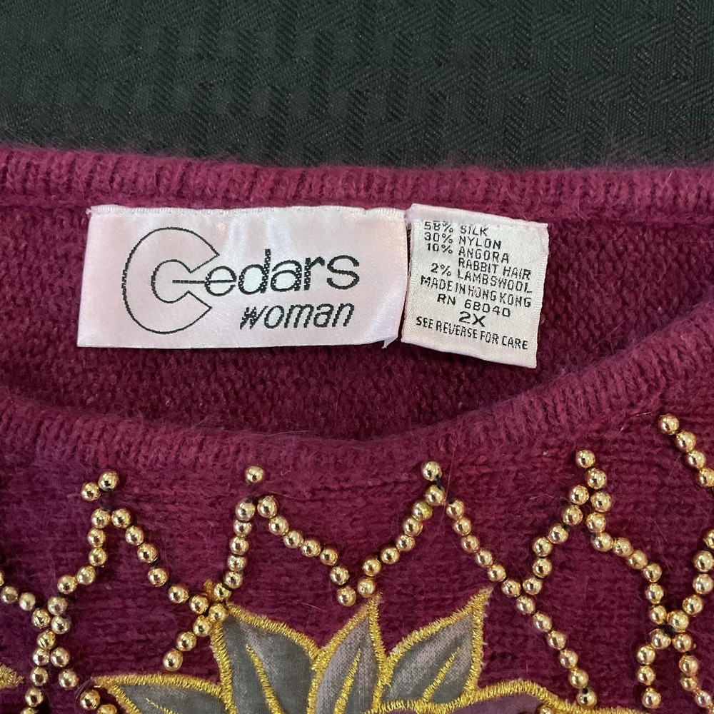 Vintage Cedars Sweater Womens 2X Plus Purple Beaded Floral Angora Knit Pullover - Picture 2 of 5